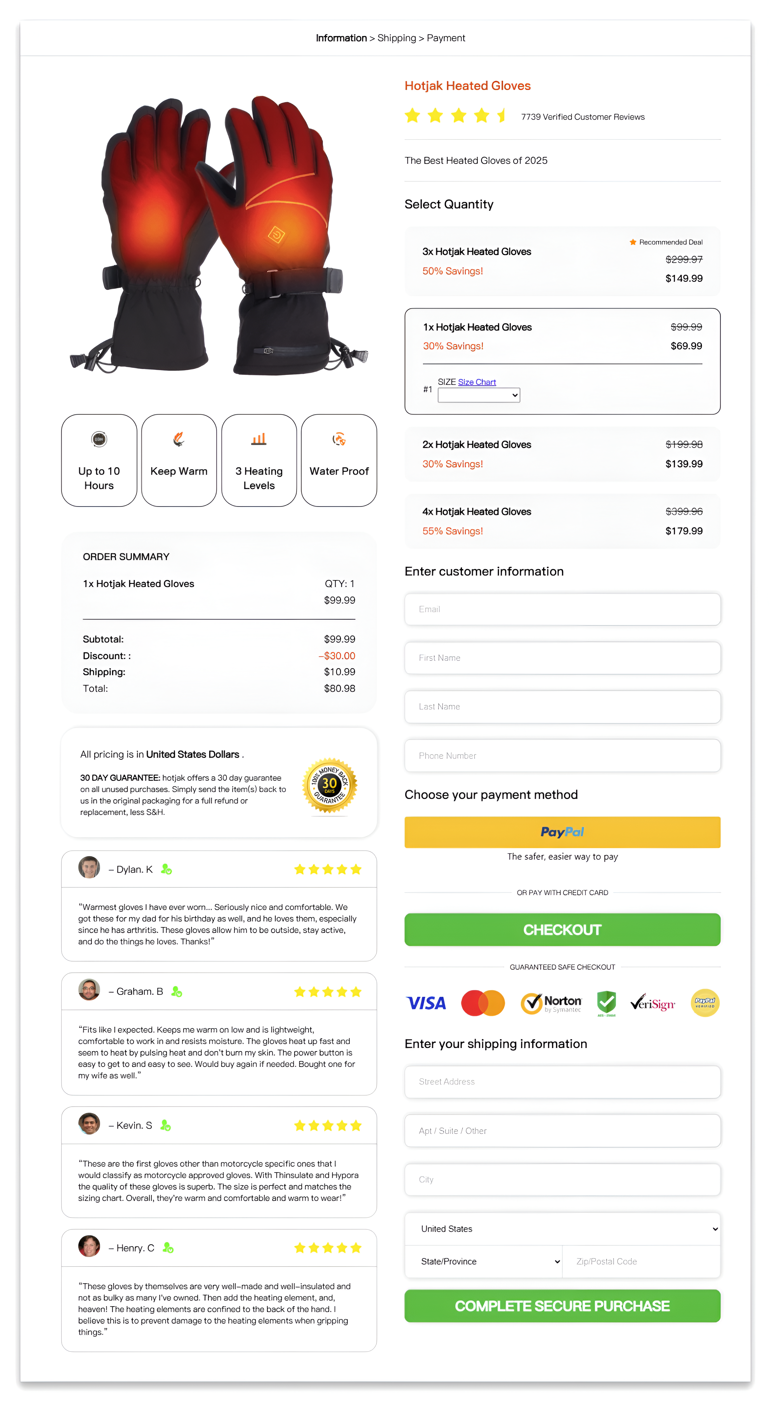 Hotjak Heated Gloves checkout page.